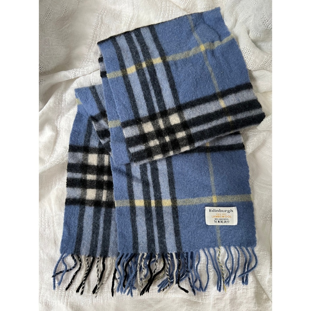 Edinburgh Lambswool Scarf Blue Plaid Check 100% Wool Fringed Made in Scotland